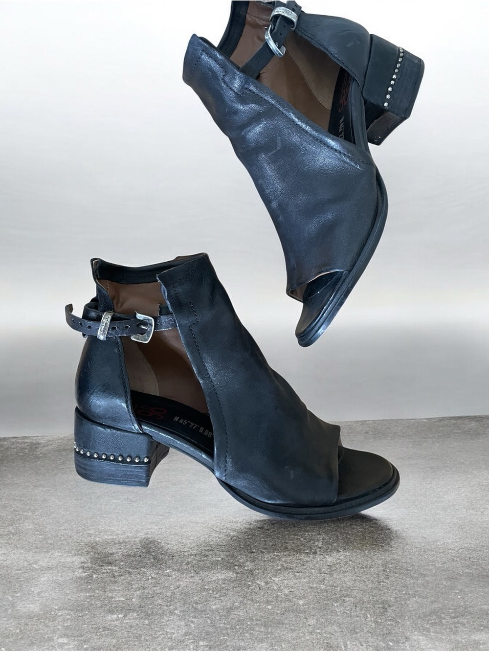 A.S.98 Morgan Black Leather Open-Toe Ankle Boot with Studded Block Heel
